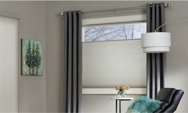 Duette honeycomb shades with drapes in the living room