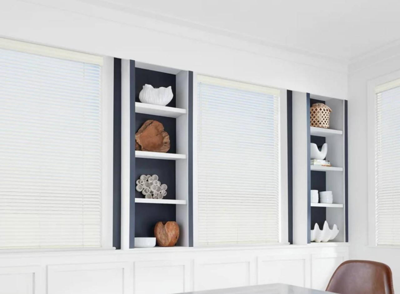 Hunter Douglas EverWood® Faux Wood Blinds complement a white living room near Wexford, PA