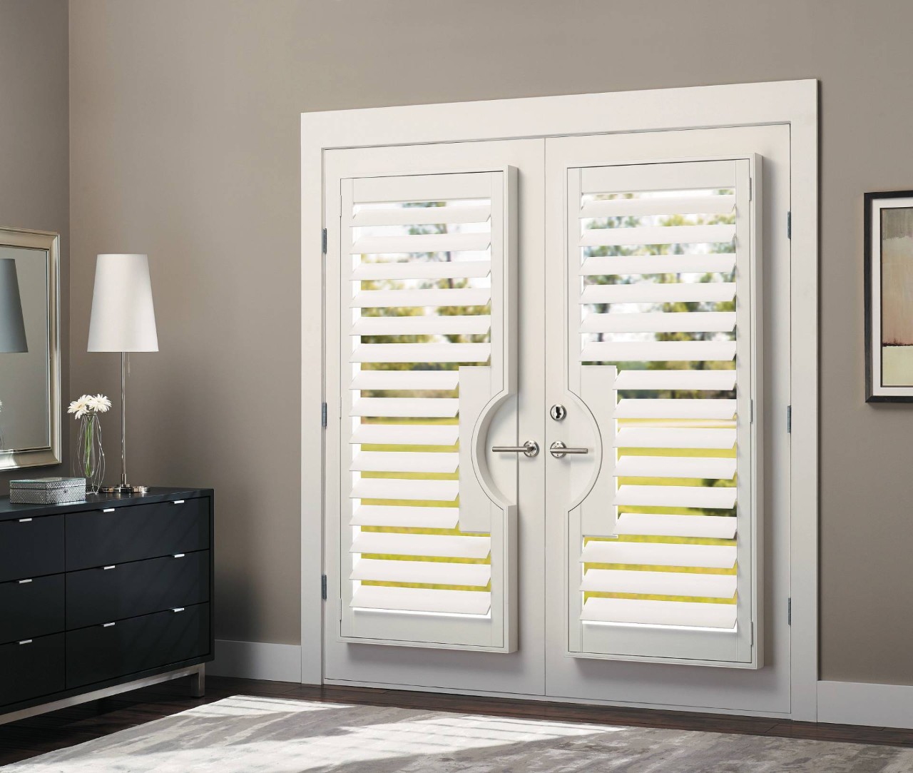 Hunter Douglas Palm Beach™ Polysatin™ Shutters covering a French door near Wexford, PA