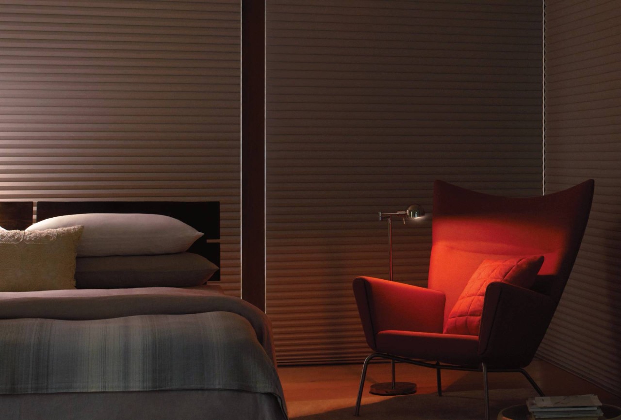 Hunter Douglas blackout window shades in a bedroom near Wexford, PA