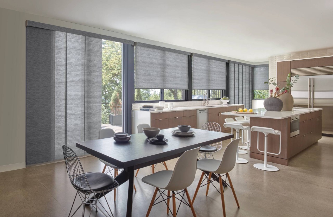 Vertical blinds covering floor-to-ceiling windows in a kitchen near Wexford, PA