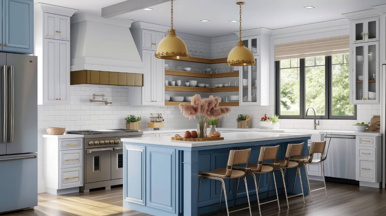 Blue and gold kitchen with kitchen window treatments near Wexford, PA