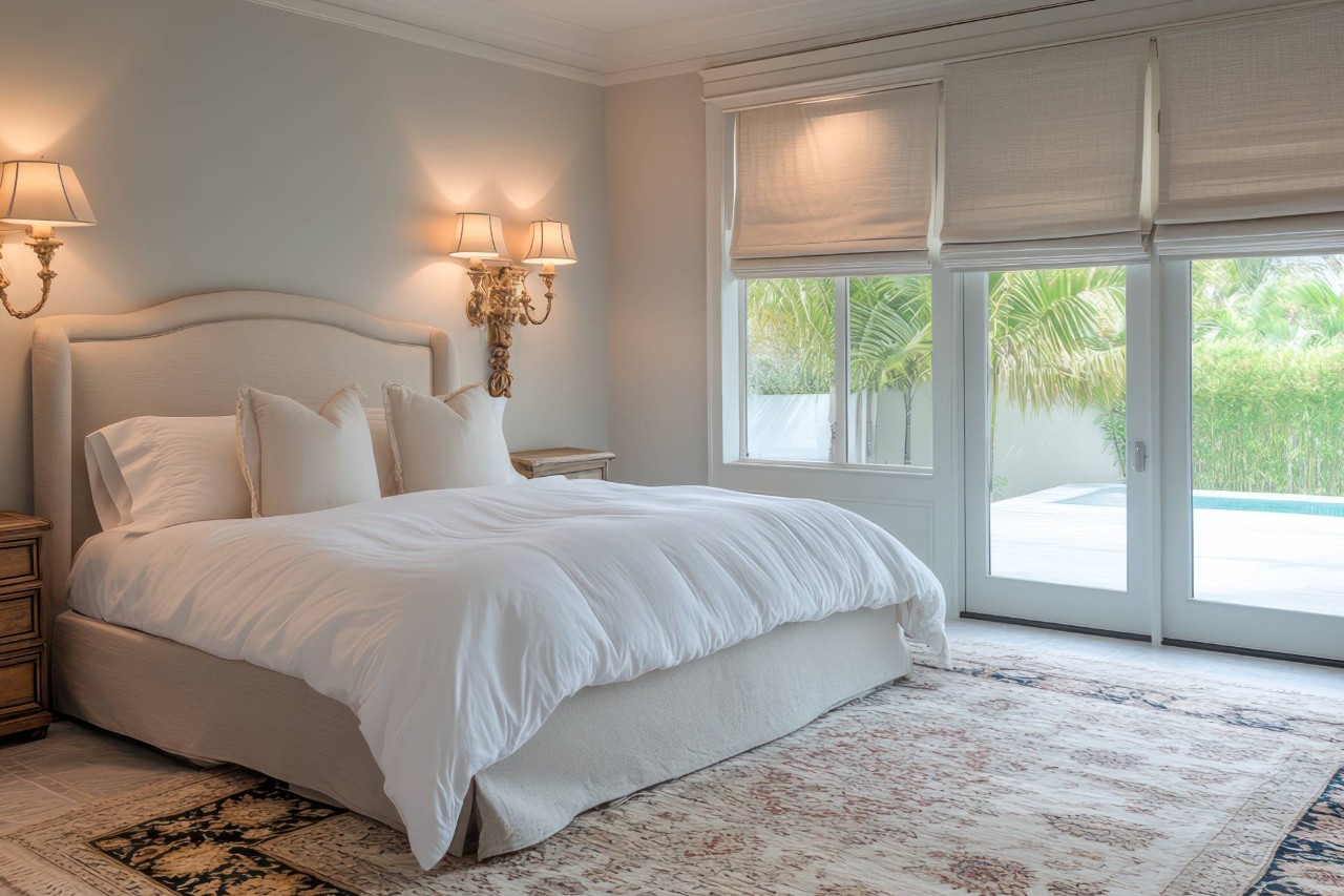 White roller shades in a bedroom near Wexford, PA